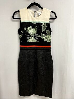 J. Mendel Paris Silk Blend Dress Black Textured Sheath Colorblock Floral Size 2